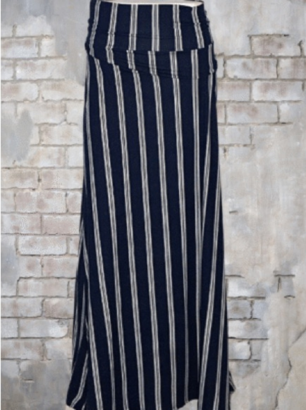 Agnes & Dora Navy and White Striped Fold-Over Waist Maxi Skirt